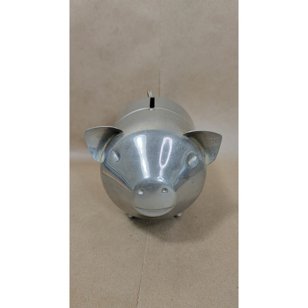 Vintage Brushed Silver Metal Piggy Bank Coin Slot Minimalist MCM Style Decor